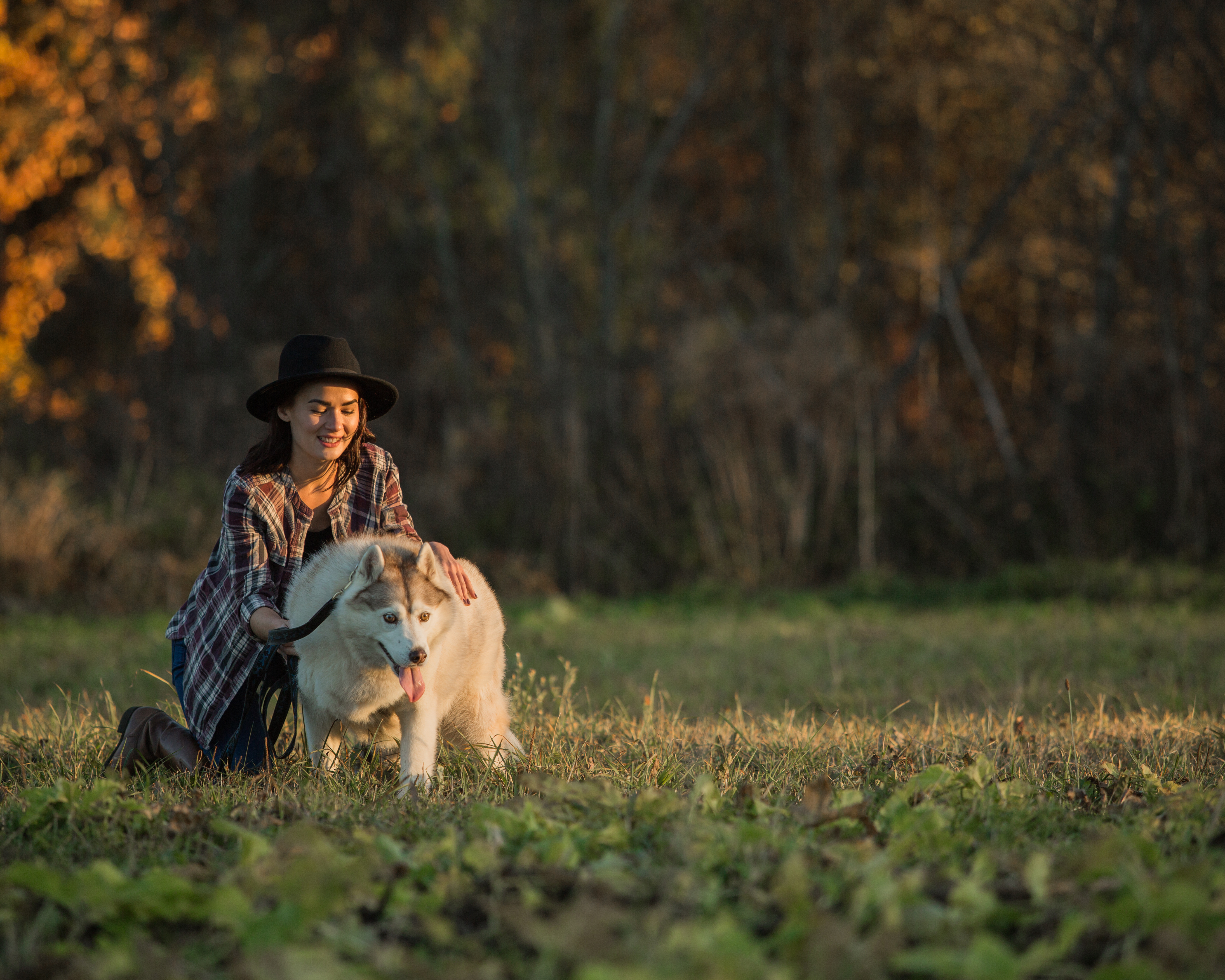 Woman with husky at golden hour